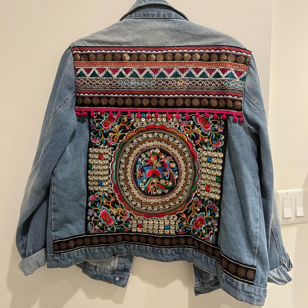 Oversized Pom Pom Back Festive Denim Jacket